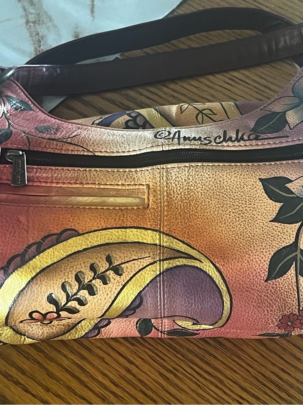 Anuschka Hand-Painted Leather Shoulder Bag in Yellow, Pink, Purple
